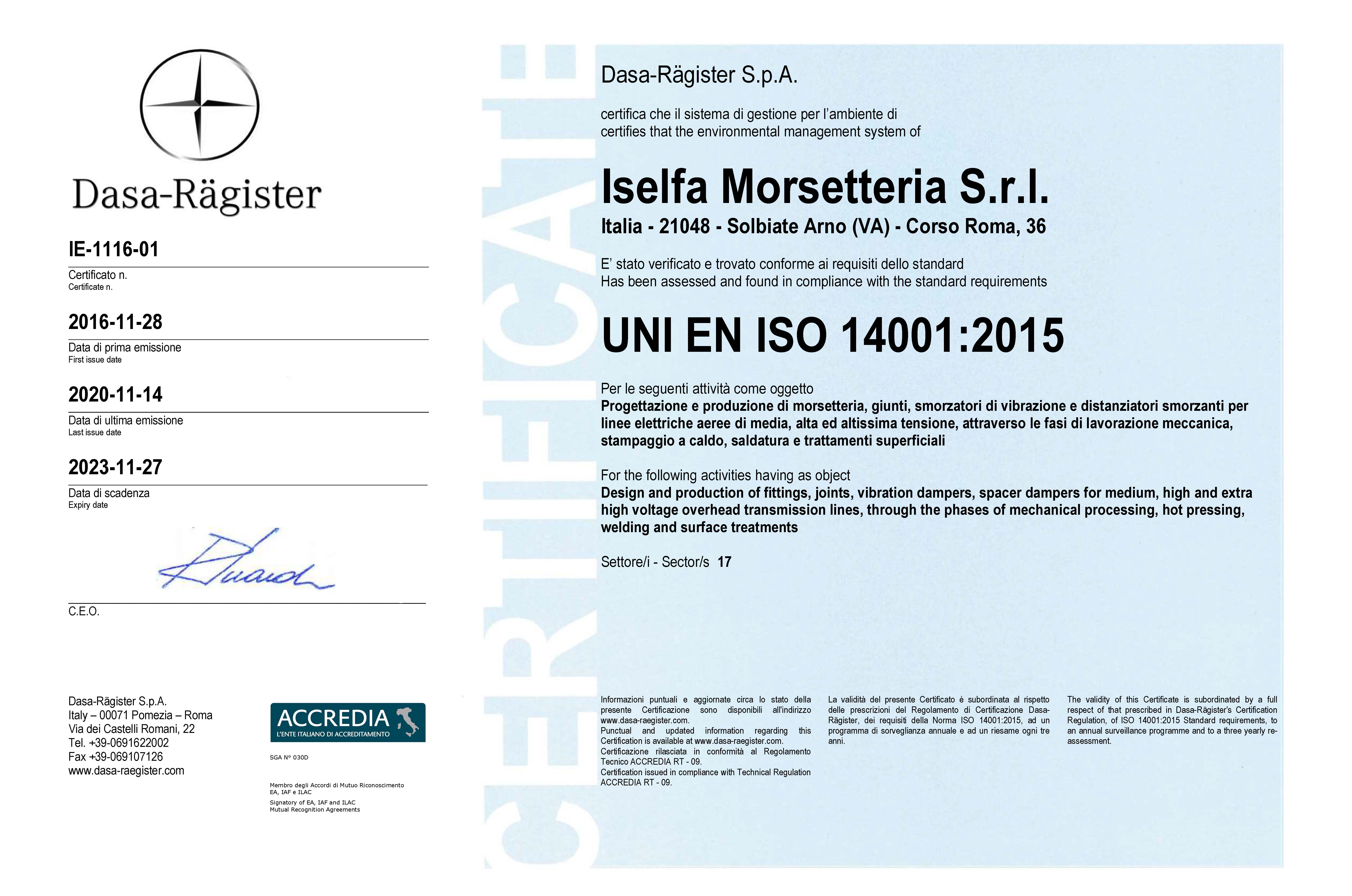 certificato ISO 14001 14-11-2020
