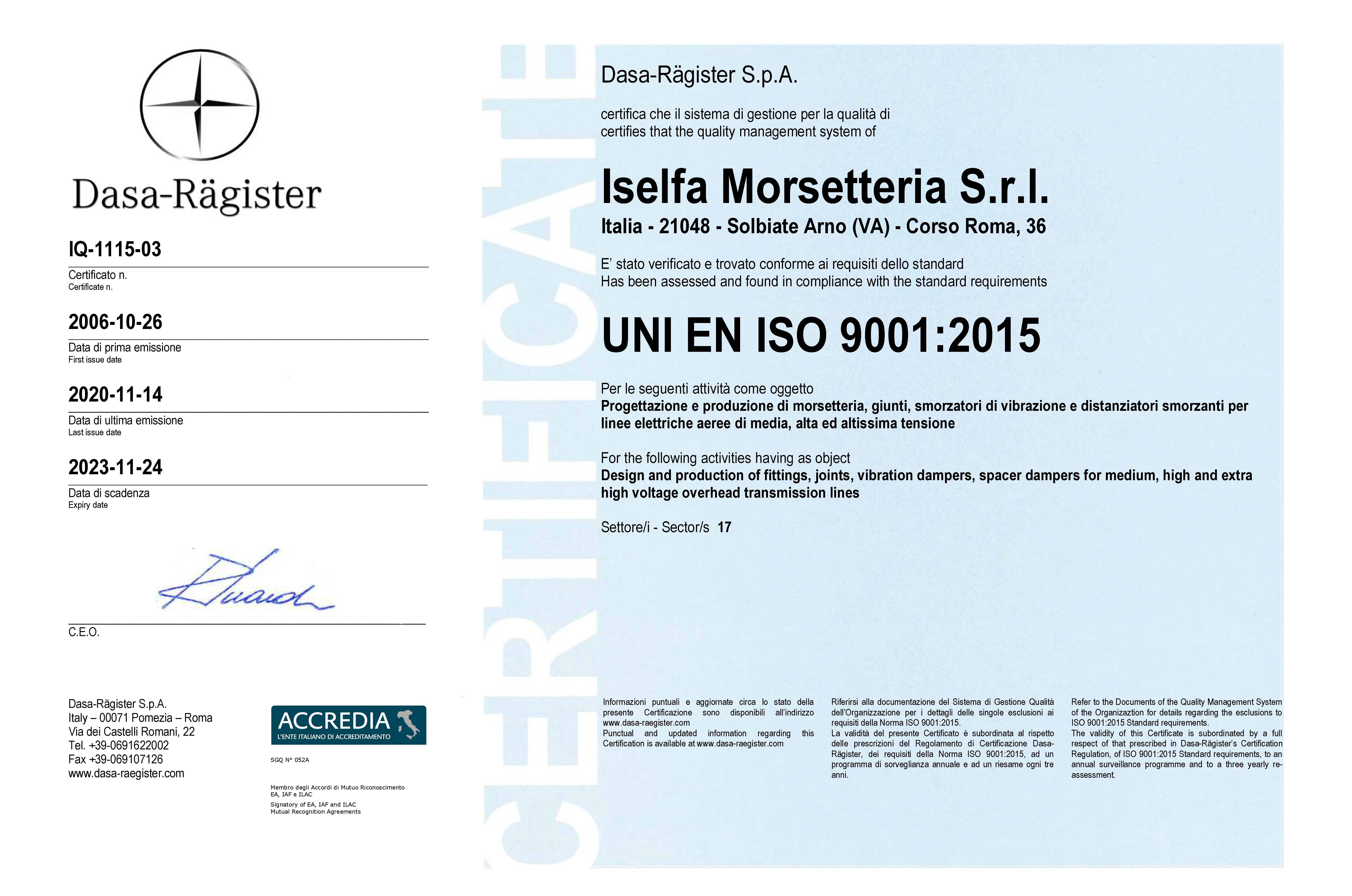 certificato ISO 9001 14-11-2020